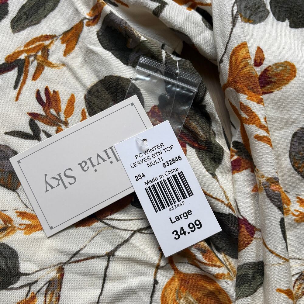 NWT Olivia Sky Winter Leaves Button Down Blouse Top Pintuck Size Large Rayon - Picture 5 of 9